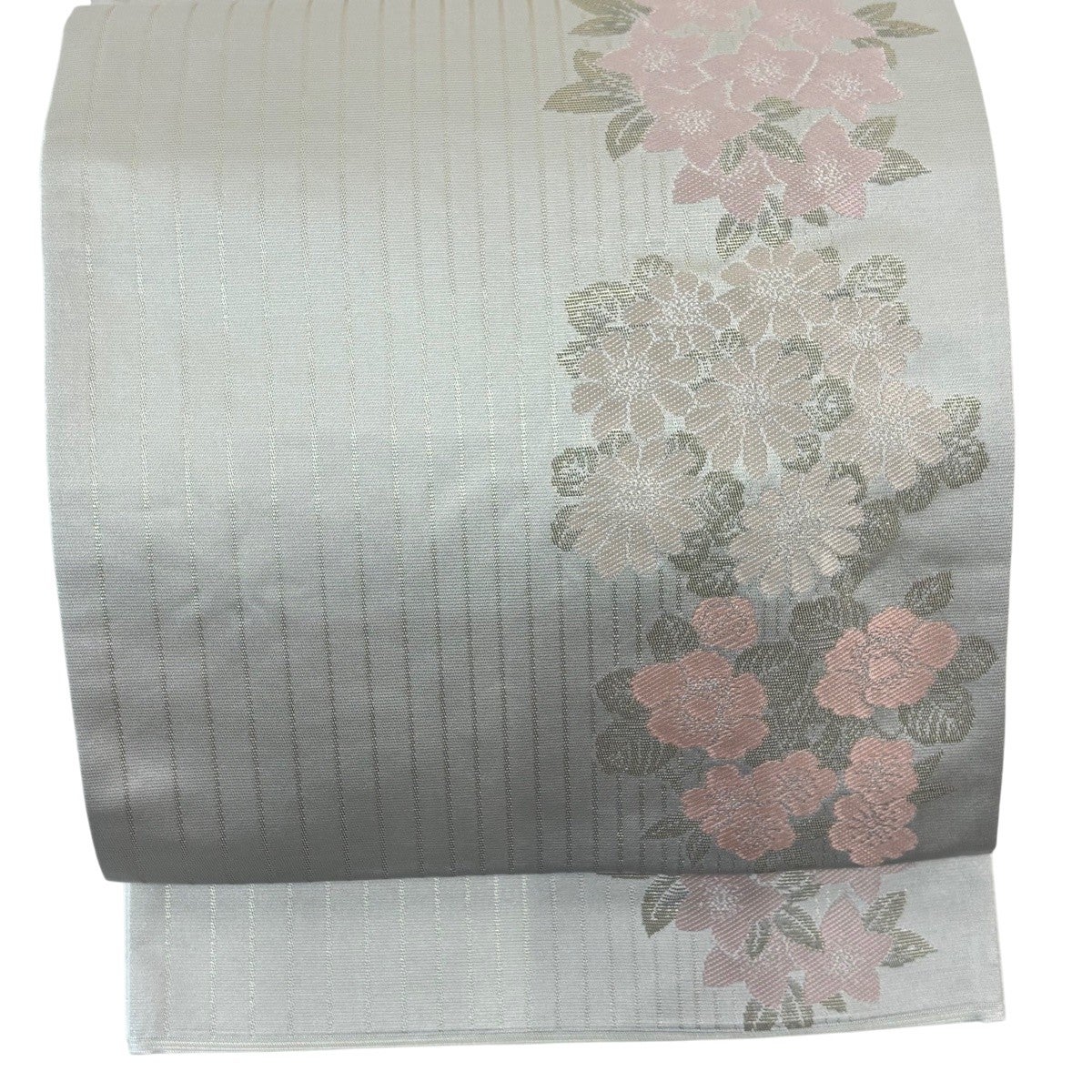 袋名古屋帯 優品 関西仕立て 花丸文 菊 箔 灰白 化繊｜中古・古着