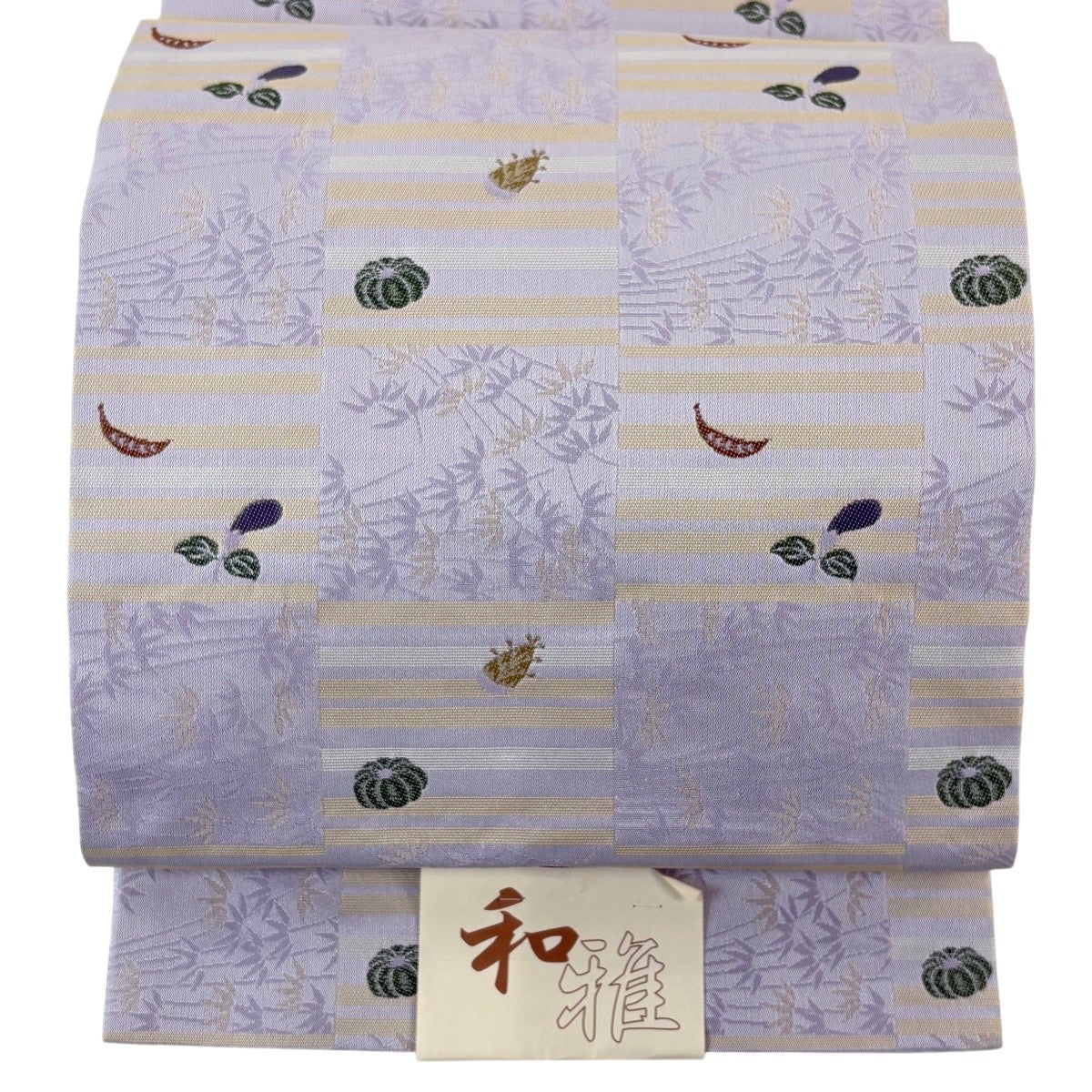 美品】 名古屋帯 優品 八寸名古屋帯 幾何学 縞 茶紫 化繊｜中古・古着