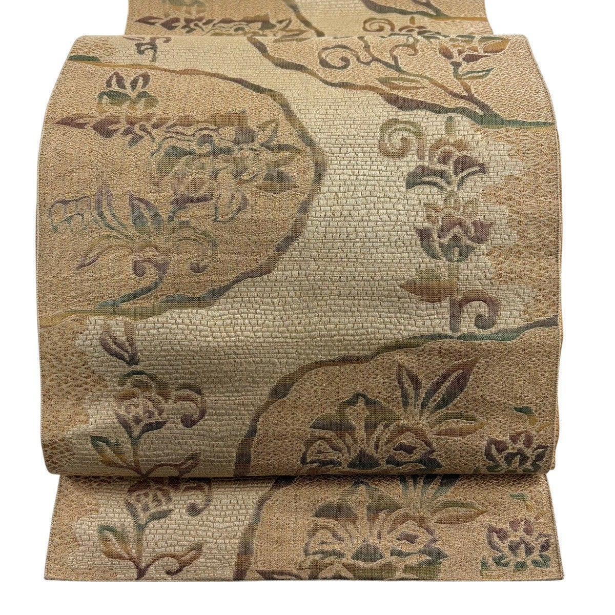 名古屋帯 優品 松葉仕立て 八寸名古屋帯 花唐草 ベージュ 正絹｜中古