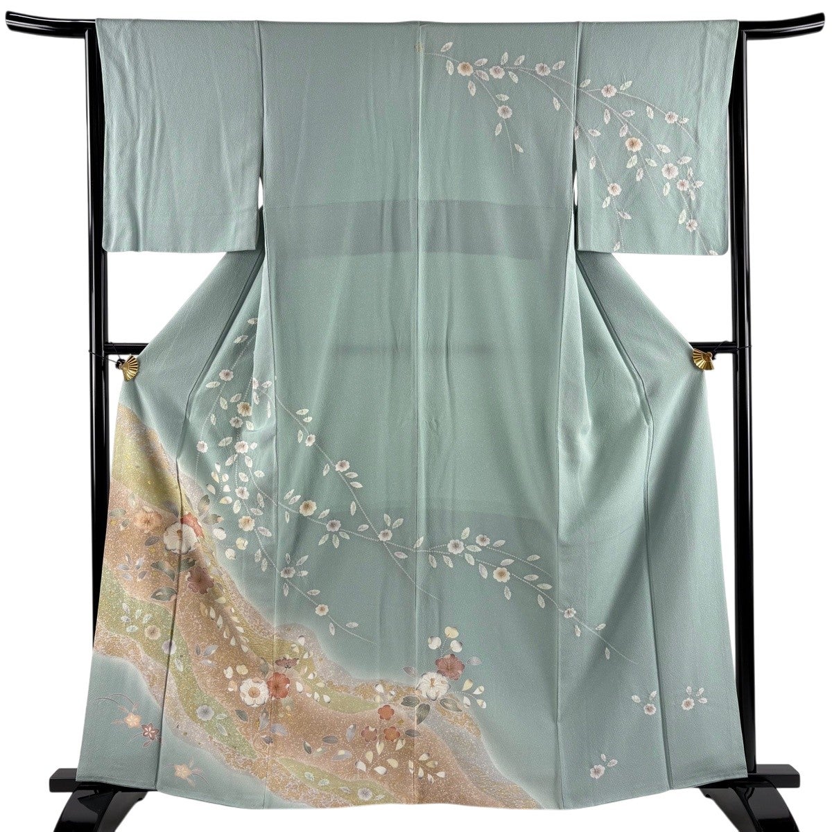 訪問着 身丈162cm 裄丈65cm M 袷 草花 芝 金銀彩 ぼかし 薄緑 正絹