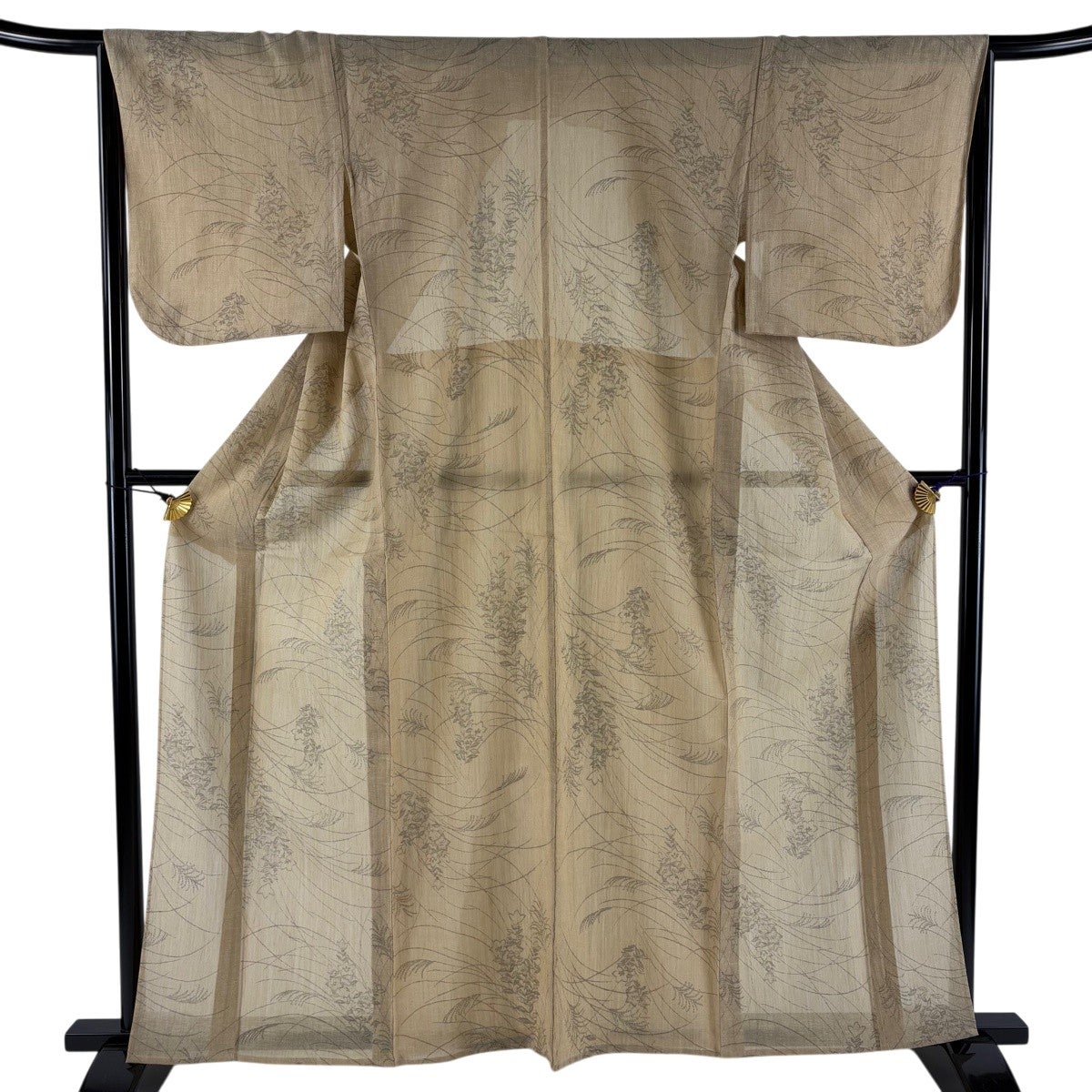 紬 身丈161.5cm 裄丈65cm M 薄物 夏紬 亀甲 ススキ 薄茶色 正絹 秀品