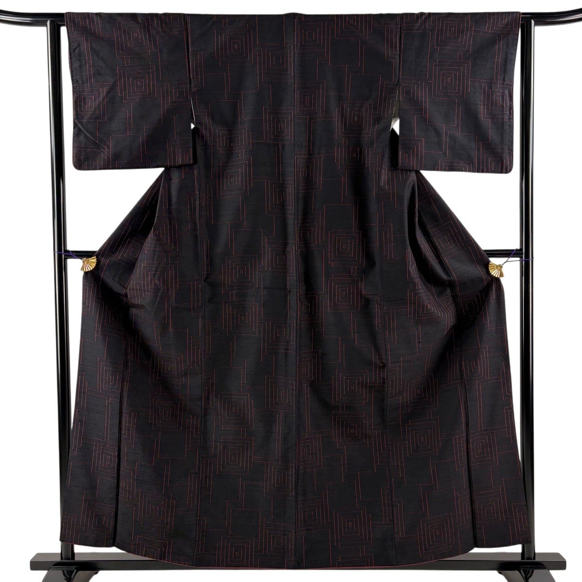 美品】 紬 身丈156cm 裄丈64.5cm M 袷 アンサンブル 椿 有職文様 黒