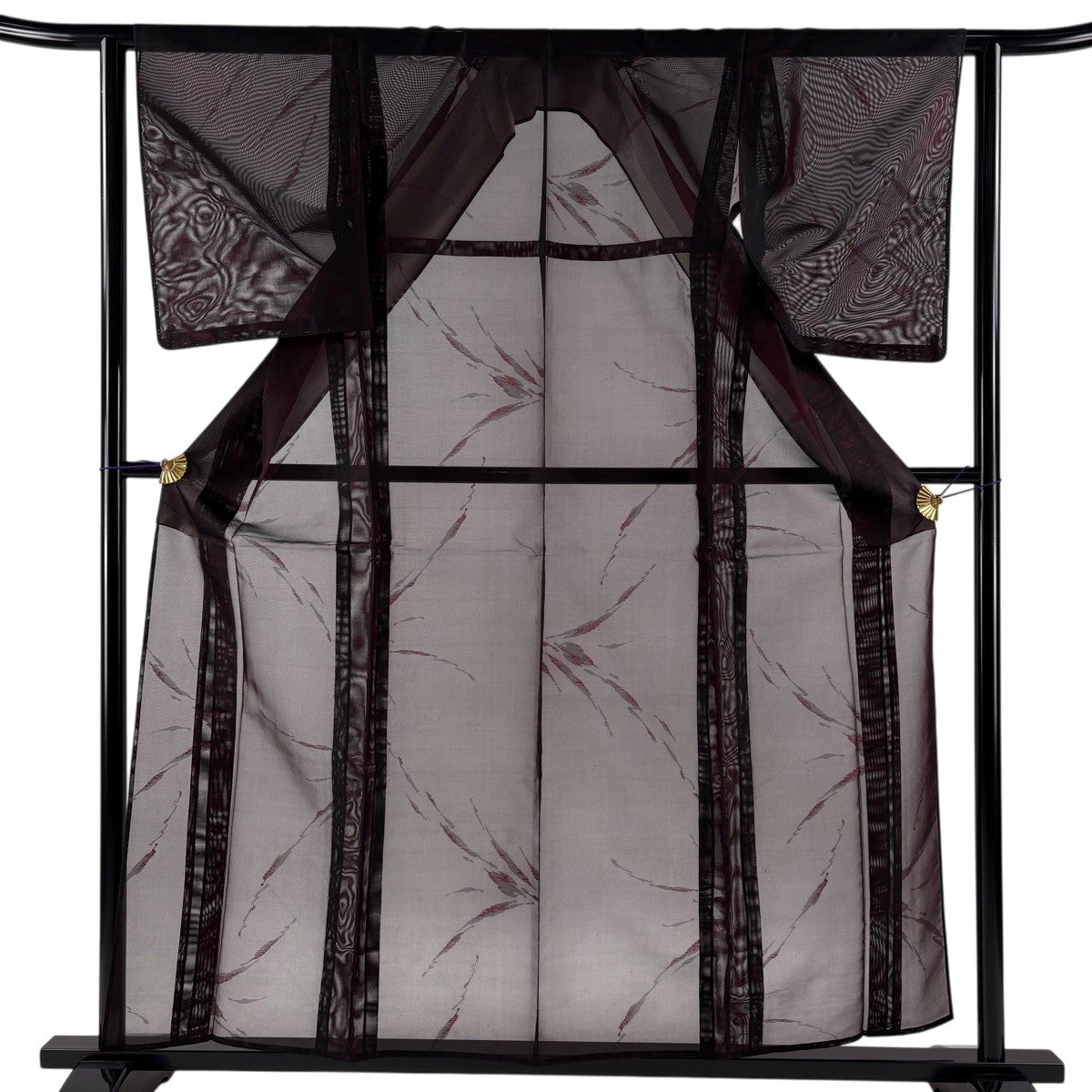 紬 身丈159cm 裄丈62cm S 薄物 紗 幾何学模様 赤黒 正絹 優品｜中古