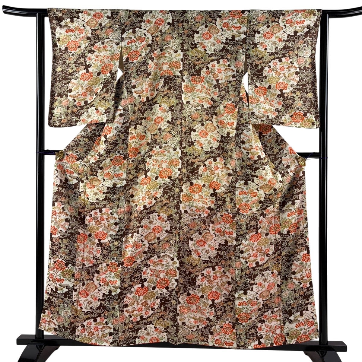 美品】 小紋 身丈158.5cm 裄丈62.5cm S 袷 雪輪 花鳥 焦茶色 正絹 優品