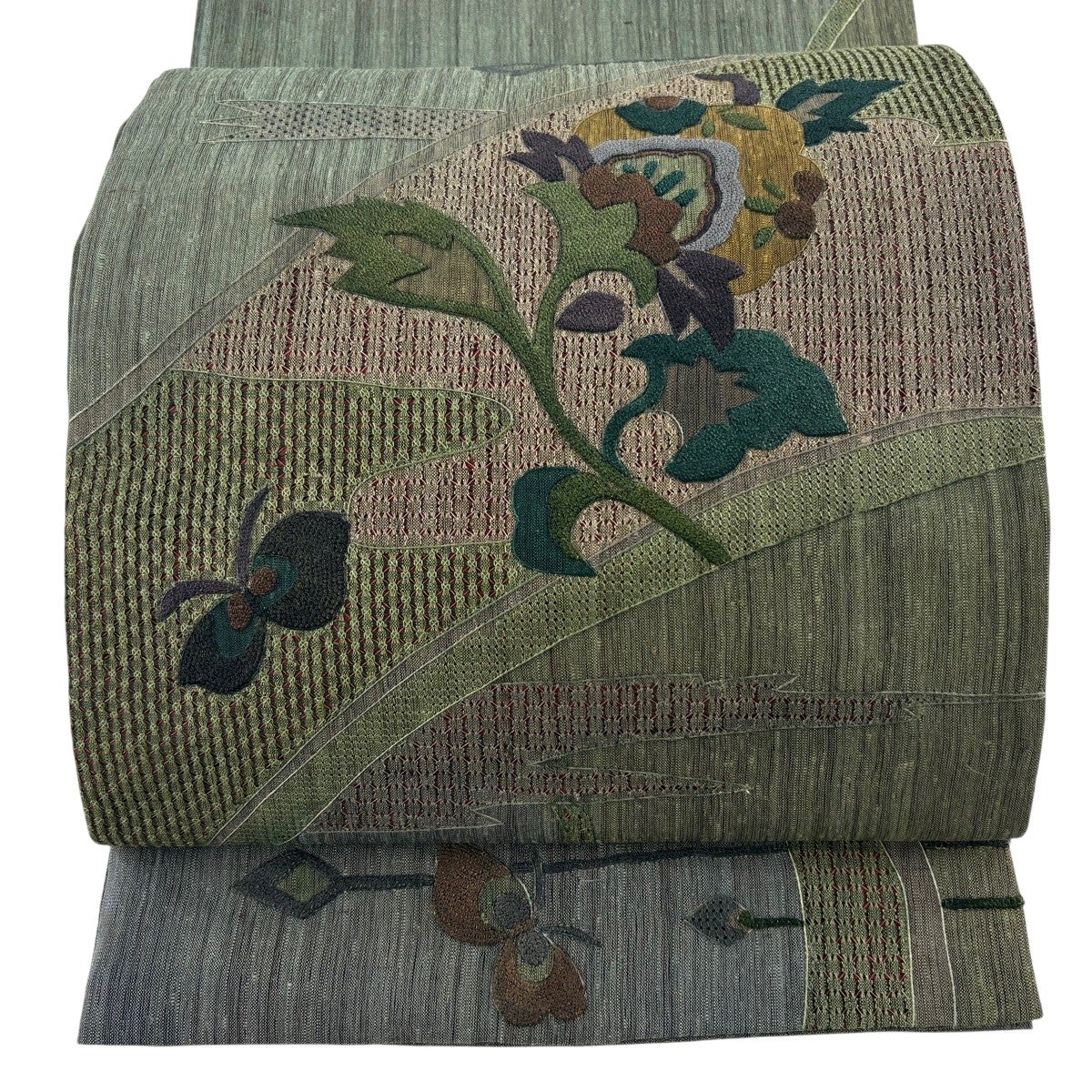 袋帯 名品 夏帯 草花 動物 相良刺繍 白 お太鼓柄 正絹｜中古・古着