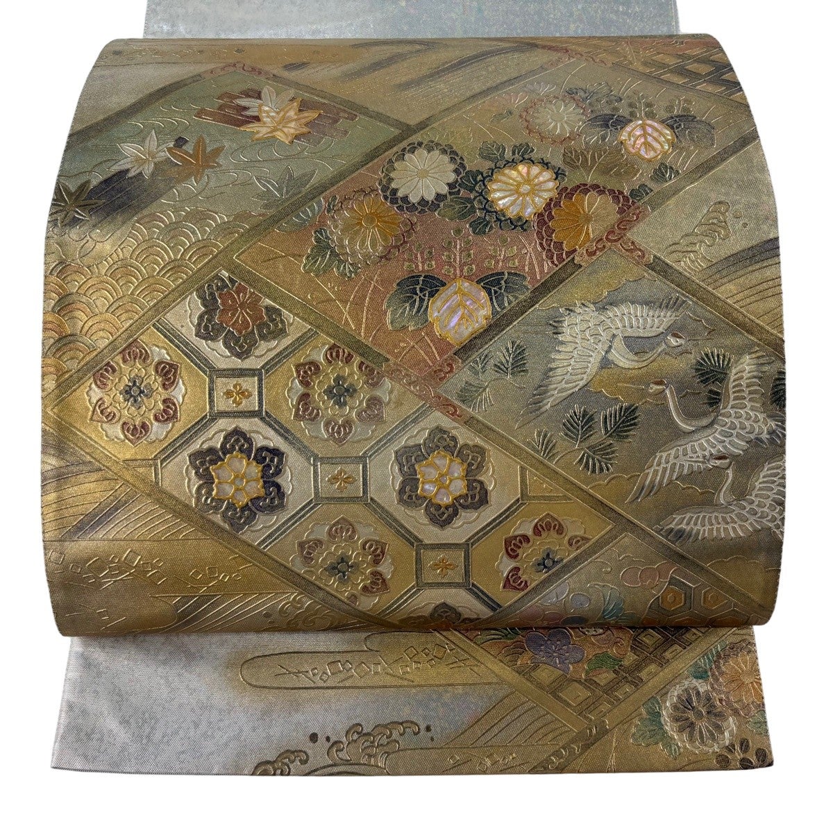 美品】 名古屋帯 秀品 草花 華文 螺鈿 金彩 金色 正絹｜中古・古着