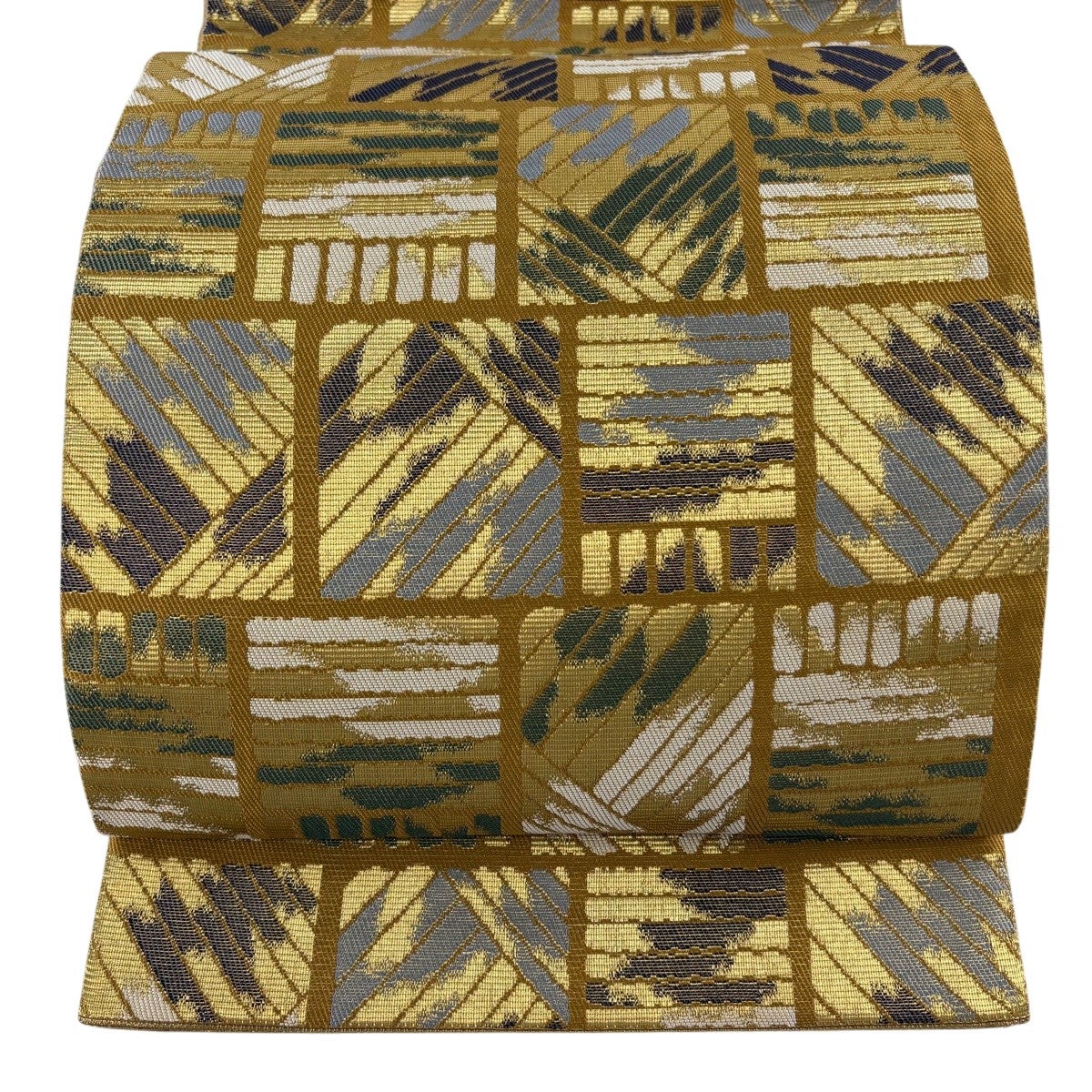 美品】 袋帯 名品 花 幾何学模様 金糸 銀色 六通 正絹｜中古・古着