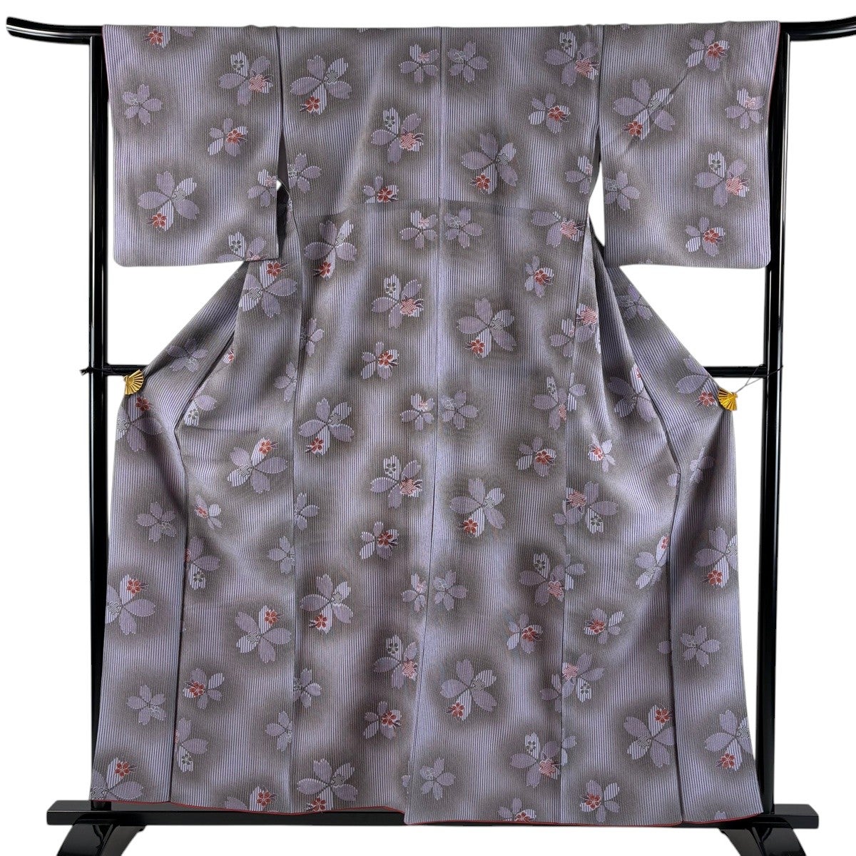 小紋 身丈151cm 裄丈65cm M 単衣 バチ衿 桜 紺色 化繊 優品｜中古