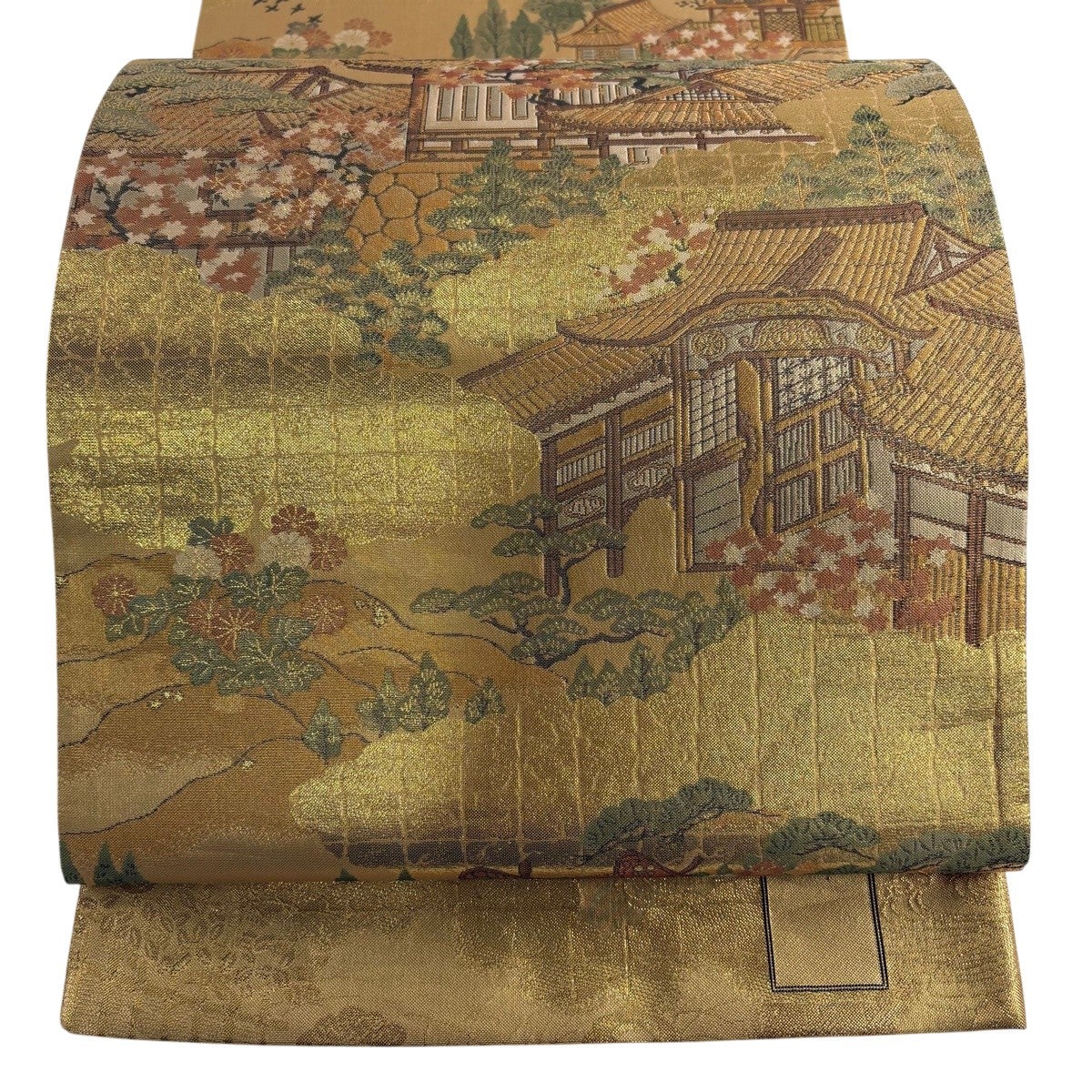 【超美品】　中国明綴　お太鼓柄　 袋帯 美品】 袋帯 名品 東海道五十三次 風景 箔 金色 お太鼓柄 正絹｜中古