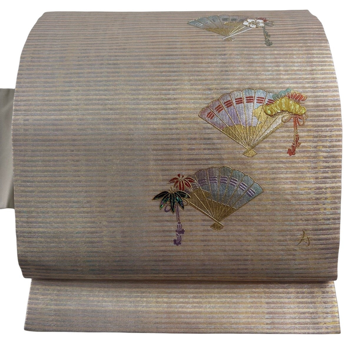 美品】 名古屋帯 名品 檜扇 松竹梅 螺鈿 金銀彩 金色 正絹｜中古・古着