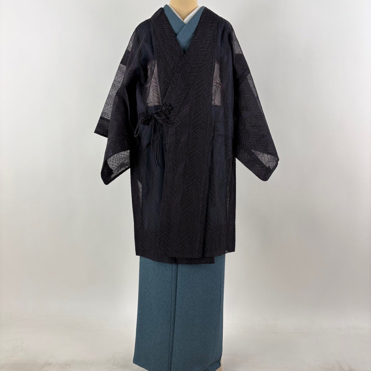 美品】 道中着 身丈96cm 裄丈63cm S 和装コート 着物衿 よろけ縞 幾何