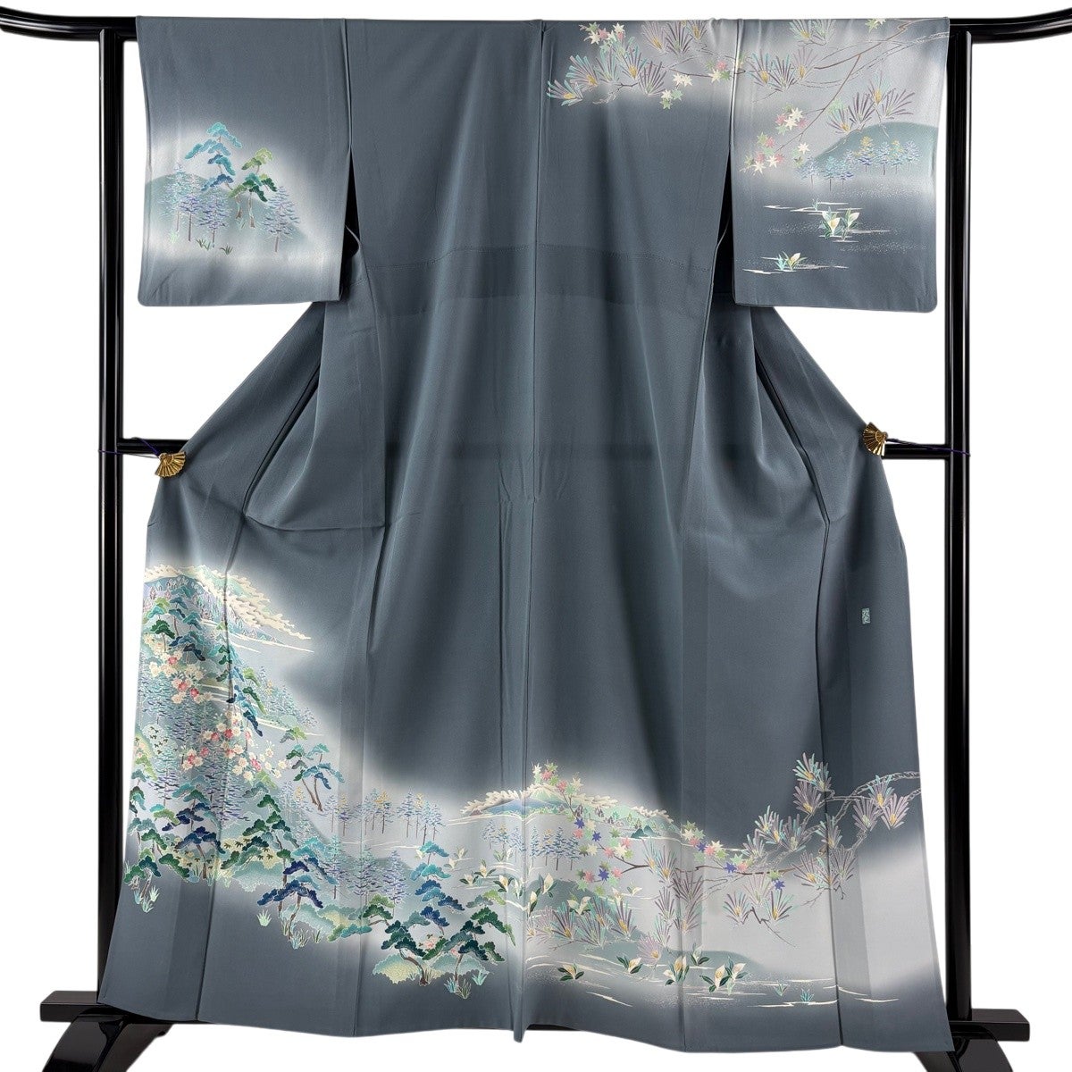 美品】 訪問着 身丈160.5cm 裄丈62cm S 単衣 落款あり 山並み 樹木