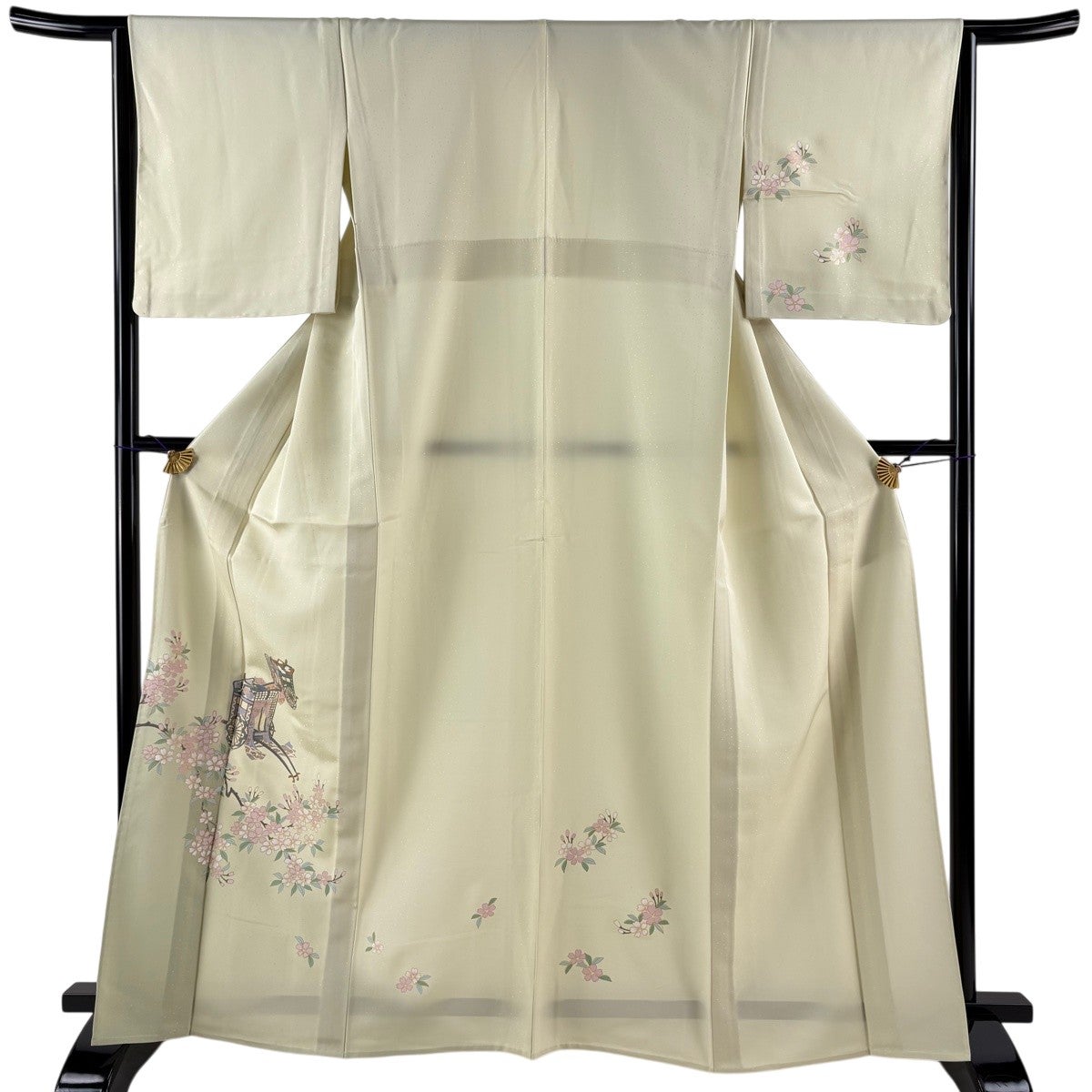 付下げ 身丈164cm 裄丈64cm M 単衣 御所車 桜 金彩 ぼかし 薄緑 正絹