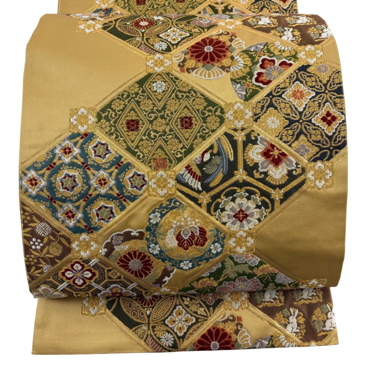 美品】 袋帯 秀品 草花 七宝 箔 金糸 山吹茶色 六通 正絹｜中古・古着