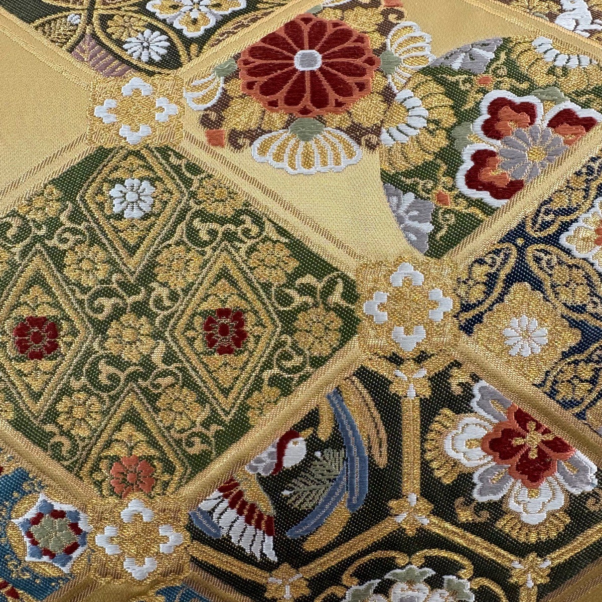 美品】 袋帯 秀品 草花 七宝 箔 金糸 山吹茶色 六通 正絹｜中古・古着