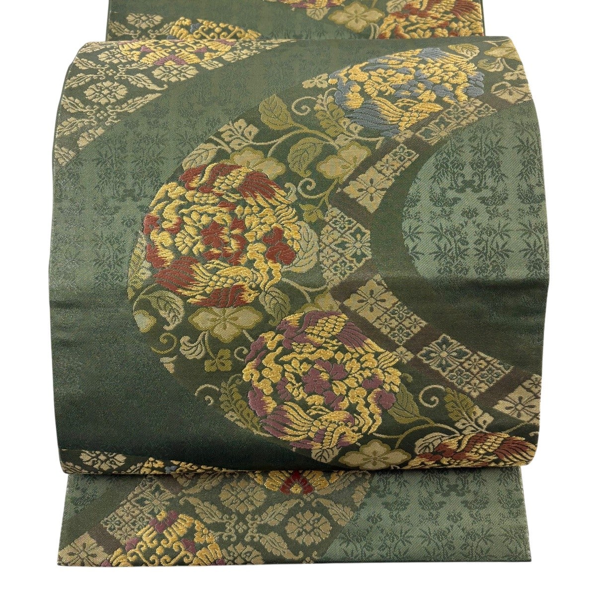 袋帯 秀品 落款あり 霜鳥忍 花鳥 花唐草 箔 金糸 よもぎ色 六通 正絹