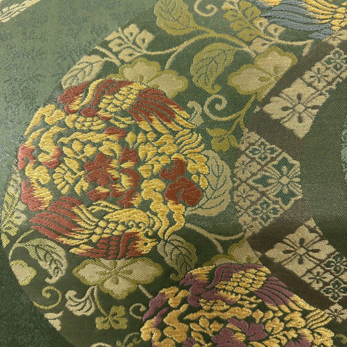 袋帯 秀品 落款あり 霜鳥忍 花鳥 花唐草 箔 金糸 よもぎ色 六通 正絹