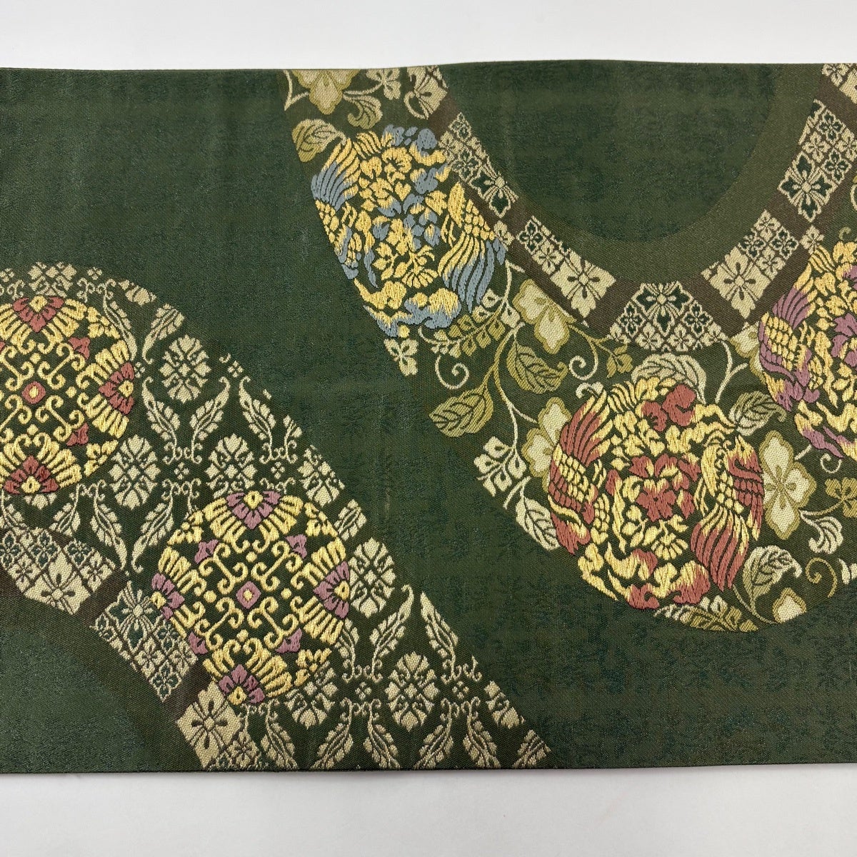 袋帯 秀品 落款あり 霜鳥忍 花鳥 花唐草 箔 金糸 よもぎ色 六通 正絹