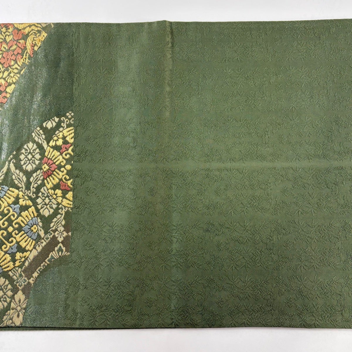 袋帯 秀品 落款あり 霜鳥忍 花鳥 花唐草 箔 金糸 よもぎ色 六通 正絹