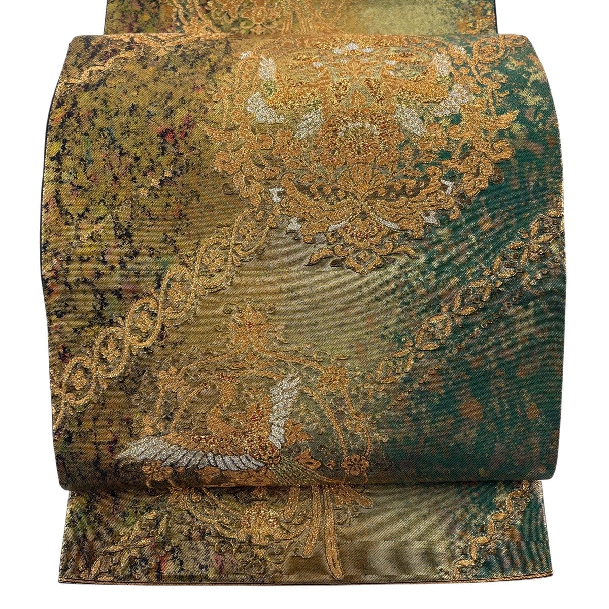 袋帯 秀品 関西仕立て 花鳥 華文 金銀糸 箔 緑 六通 正絹｜中古・古着