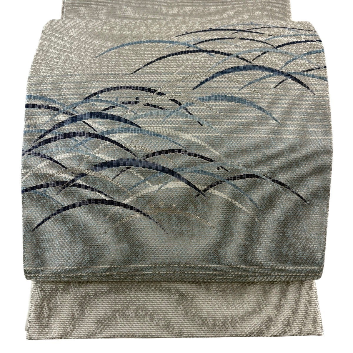 美品】 袋帯 秀品 灰汁発酵健本藍染 芝 銀糸 箔 青灰色 お太鼓柄 正絹