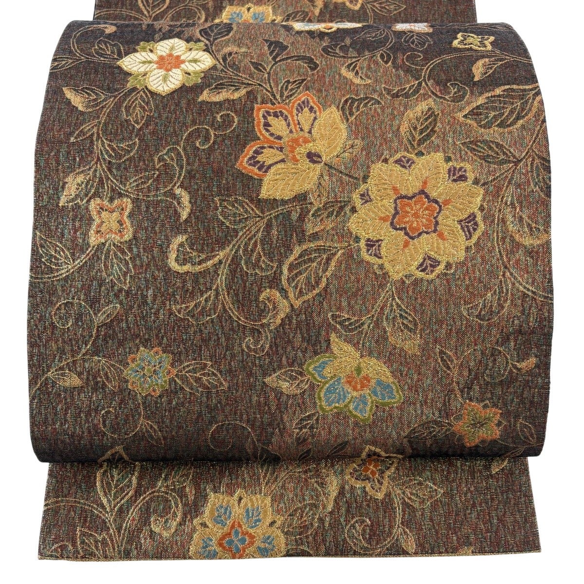 美品】袋帯 逸品 明綴れ 華文 花唐草 金糸 金色 全通 正絹｜中古・古着