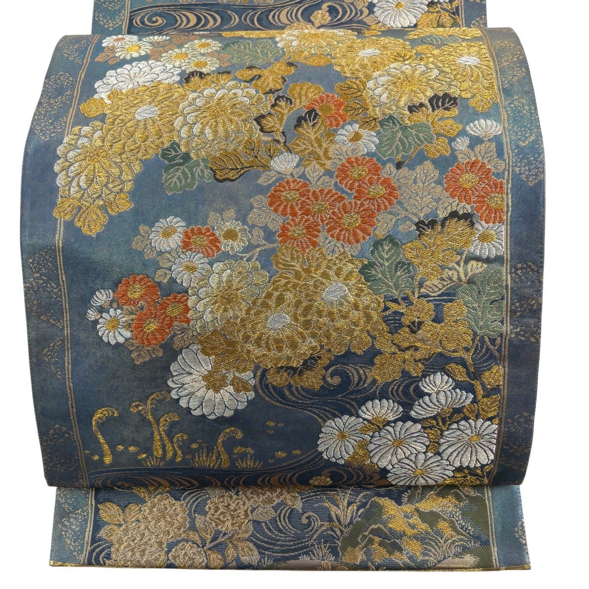 袋帯 秀品 夏帯 絽 草花 流水 金銀糸 灰色 お太鼓柄 正絹｜中古・古着