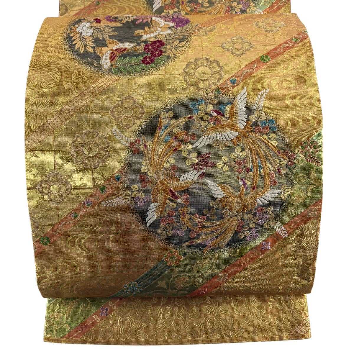 美品】 袋帯 秀品 関西仕立て 鳥 草花 箔 金糸 金色 六通 正絹｜中古