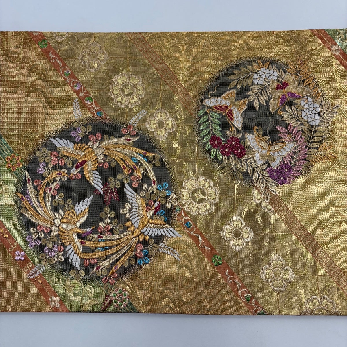 美品】 袋帯 秀品 関西仕立て 鳥 草花 箔 金糸 金色 六通 正絹｜中古