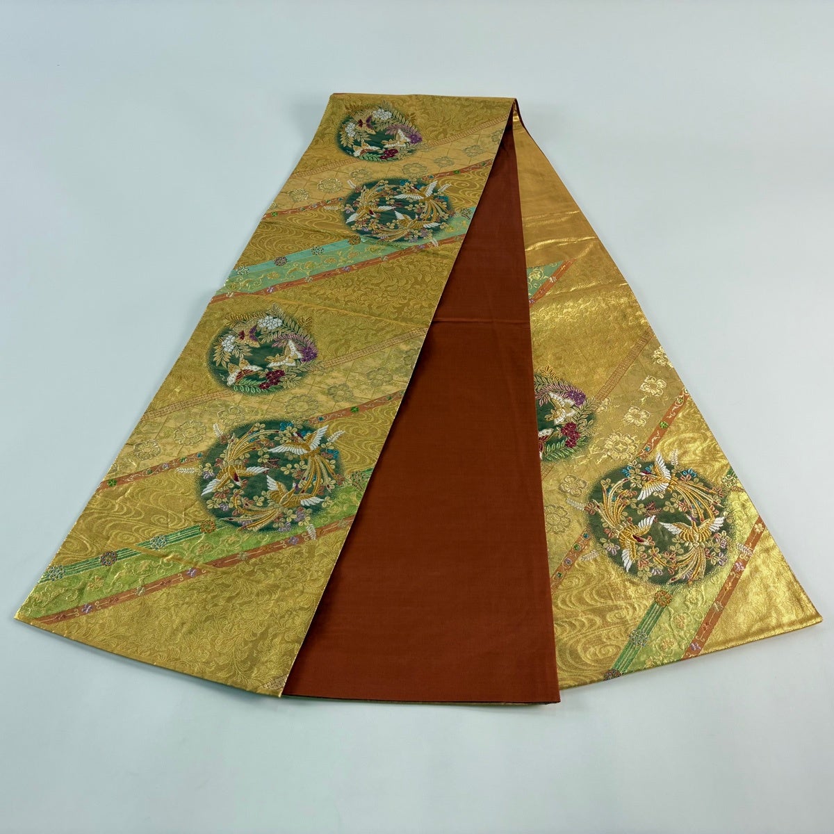 【美品】袋帯　金色と緑の波状模様 キラキラ　六通 美品】 袋帯 秀品 関西仕立て 鳥 草花 箔 金糸 金色 六通 正絹｜中古