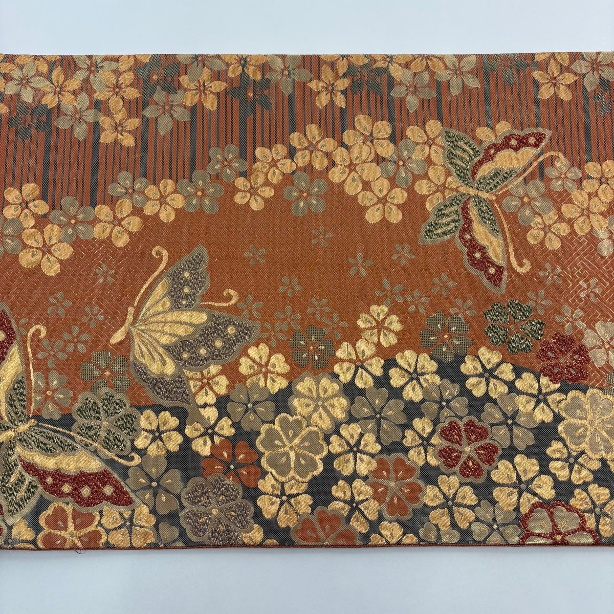 袋帯 秀品 蝶 桜 金糸 箔 オレンジ 六通 正絹｜中古・古着・リサイクル