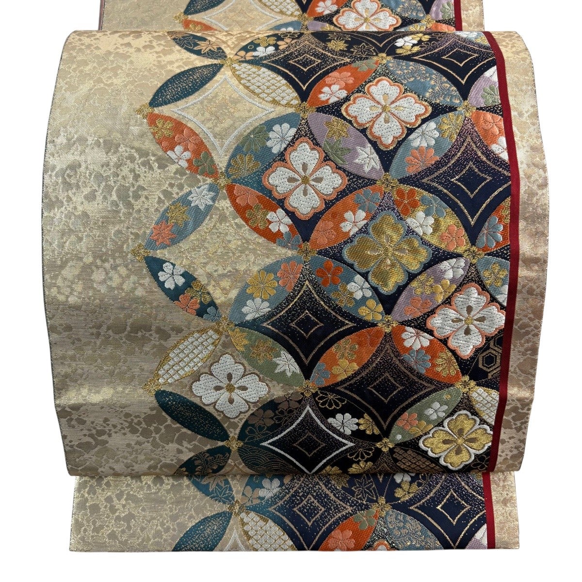 美品】 袋帯 秀品 七宝文 桜 唐織 金糸 金色 六通 正絹｜中古・古着
