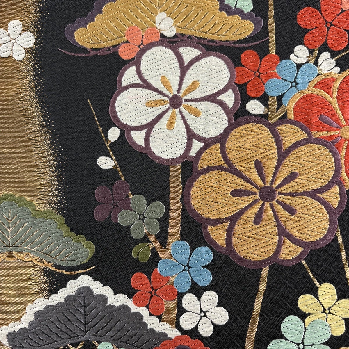 袋帯 秀品 関西仕立て 枝梅 笠松 唐織 箔 黒 六通 正絹｜中古・古着