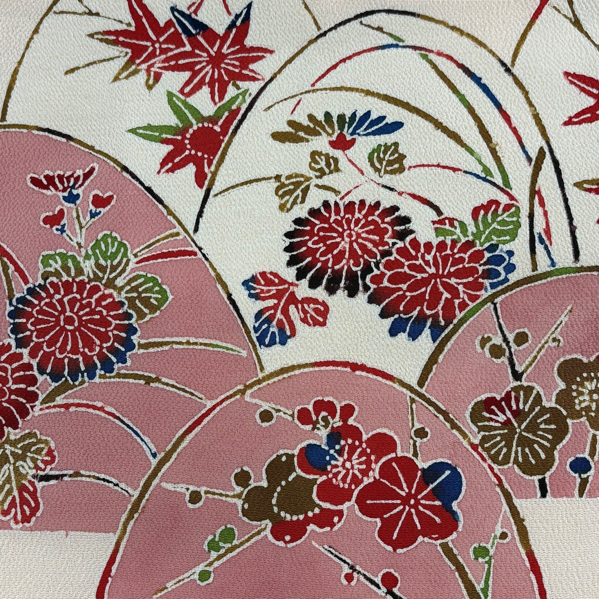 美品】 名古屋帯 秀品 菊 枝梅 縮緬 薄ピンク 正絹｜中古・古着