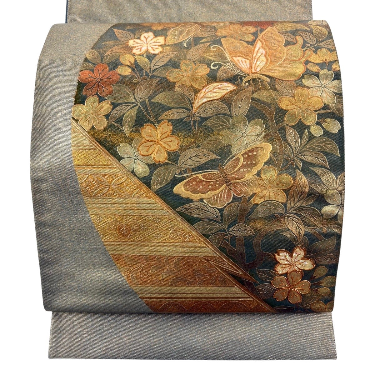 袋帯 名品 御所車 花唐草 螺鈿 箔 金茶 お太鼓柄 正絹｜中古・古着