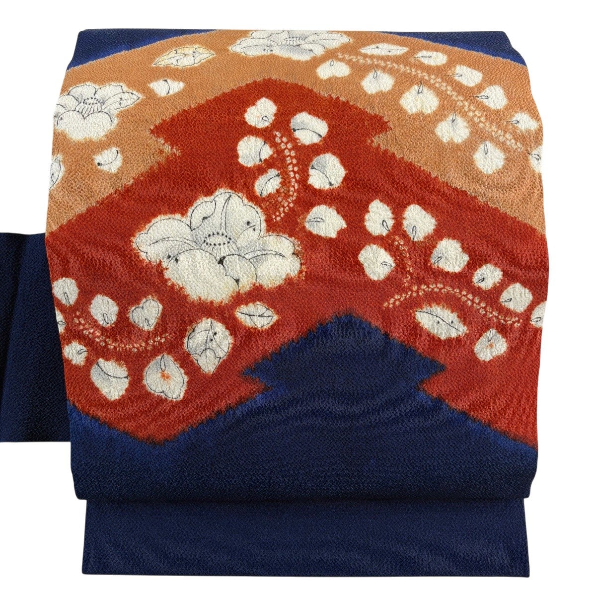 名古屋帯 秀品 辻が花柄 縮緬 染め分け 紺色 正絹｜中古・古着