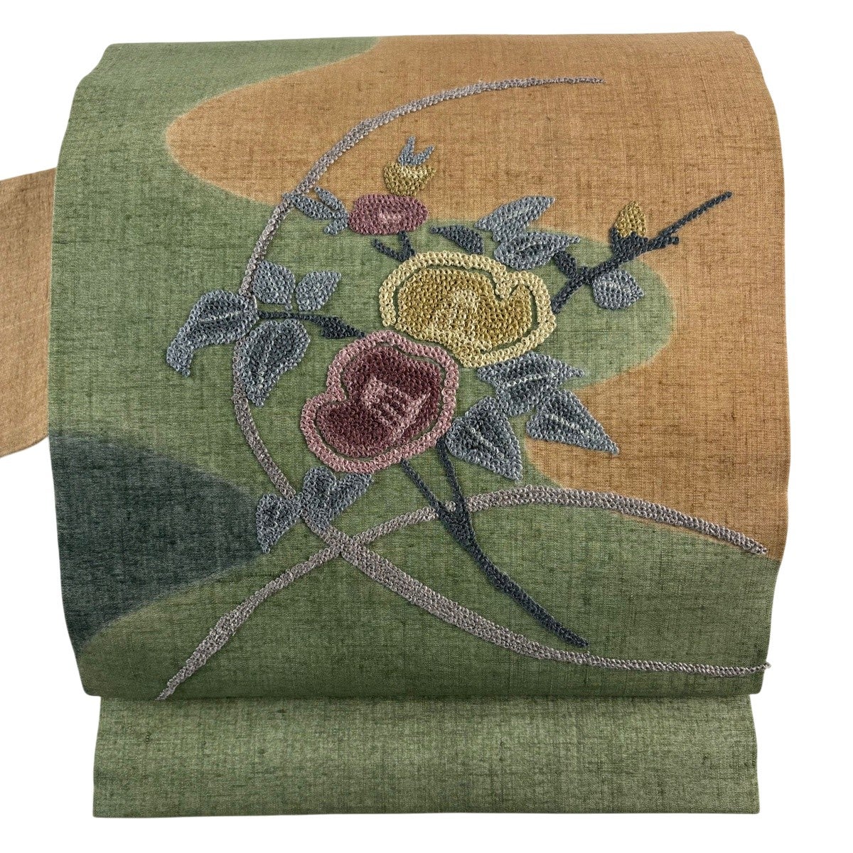 ★4074★ 訪問着 灰緑色 刺繍柄 袷 紋入り 美品】 名古屋帯 秀品 紬地 草花 霞 相良刺繍 灰緑 正絹｜中古・古着