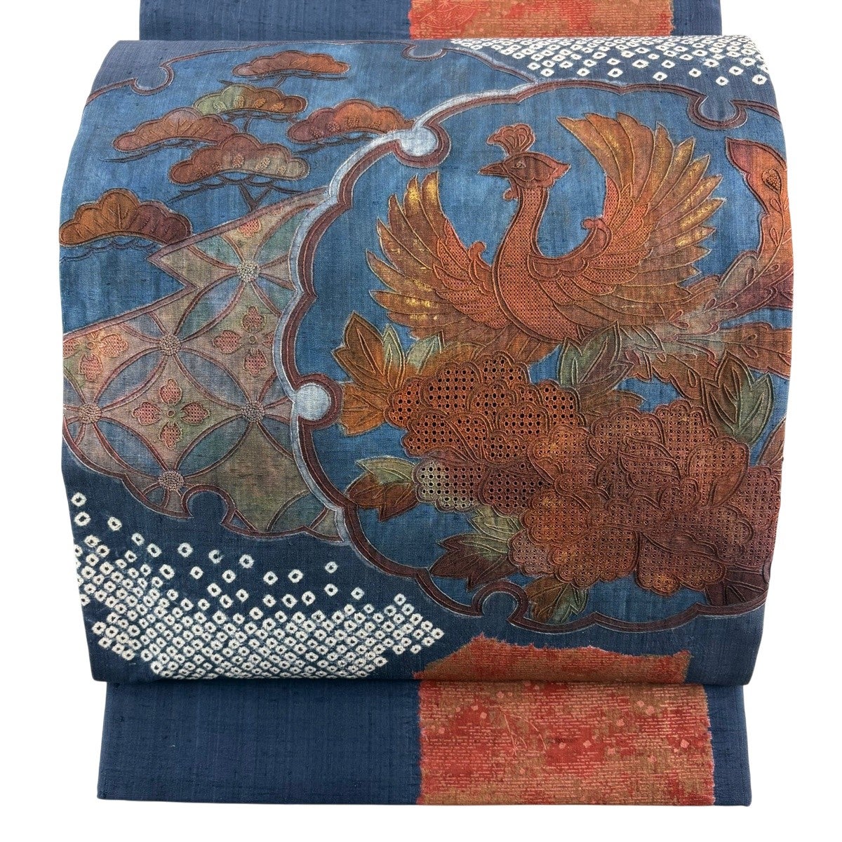 【未使用品】袋帯　細かな相良刺繍　花草紬地　お太鼓柄　藍色 美品】 袋帯 名品 証紙あり 大島紬地 幾何学模様 金彩 絞り 赤茶
