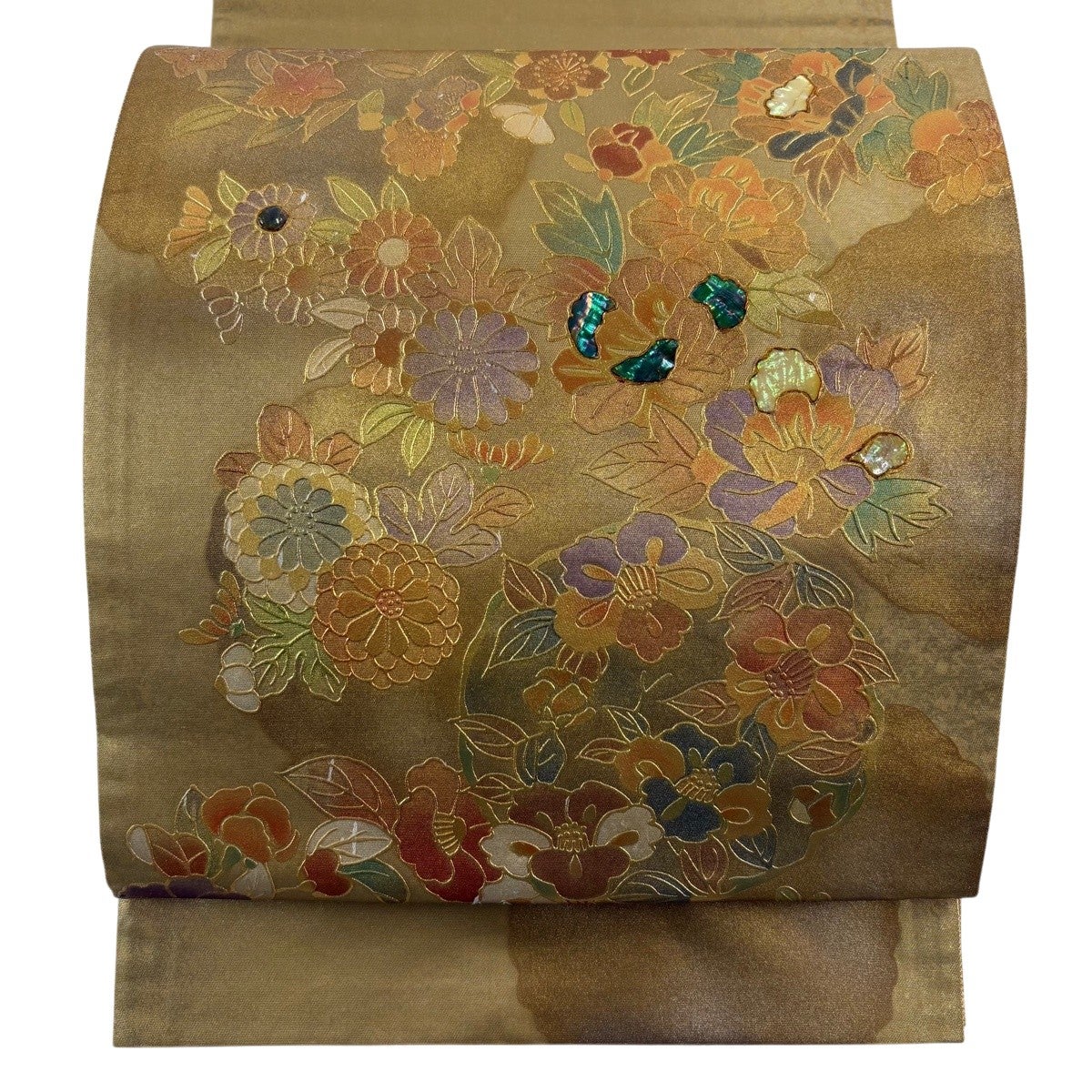美品】 名古屋帯 秀品 草花 華文 螺鈿 金彩 金色 正絹｜中古・古着