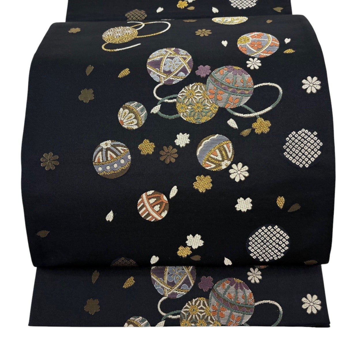 桜のつくり帯 鞠 黒 金 美品】 袋帯 名品 手鞠 桜 金糸 箔 黒 六通 正絹｜中古・古着