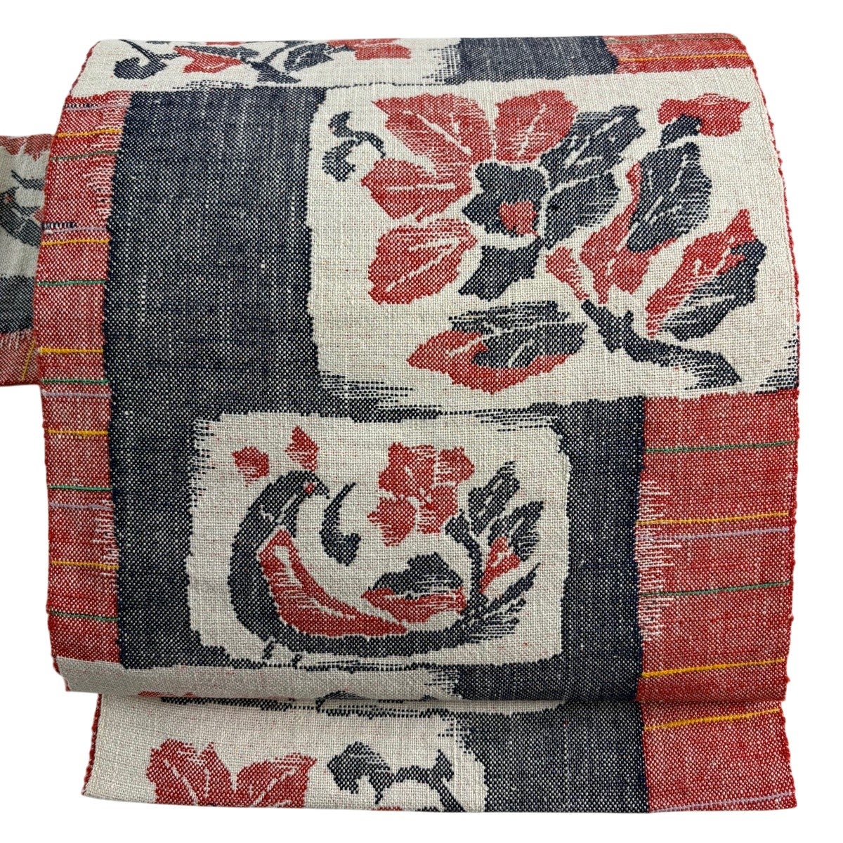 H-431 名古屋帯 松葉仕立て 正絹 八寸 未使用 紬 花唐草 美品】 名古屋帯 優品 八寸名古屋帯 松葉仕立て 紬地 鳥 草花 灰白