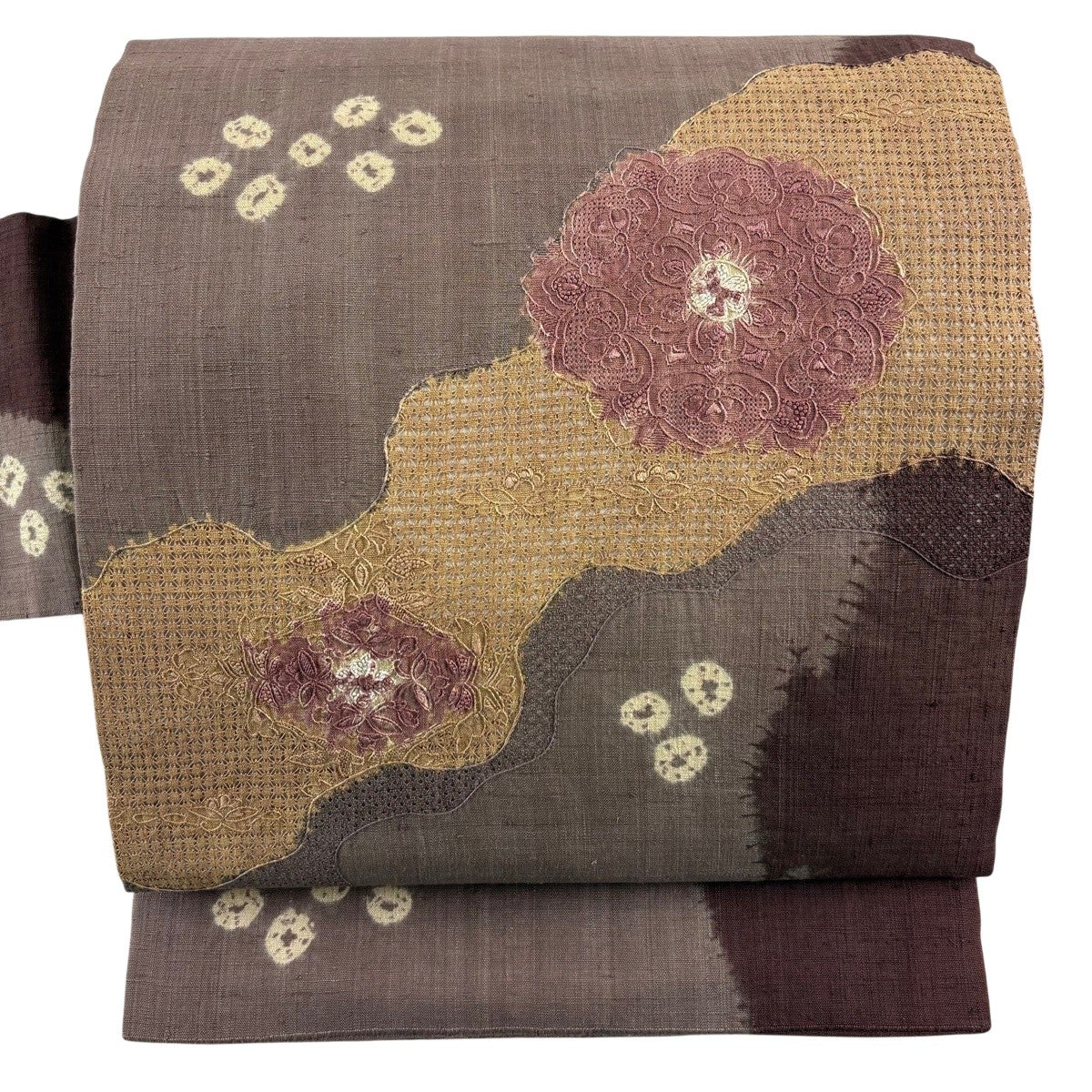 名古屋帯 秀品 紬地 関西仕立て 華文 道長取 刺繍 絞り 灰紫 正絹