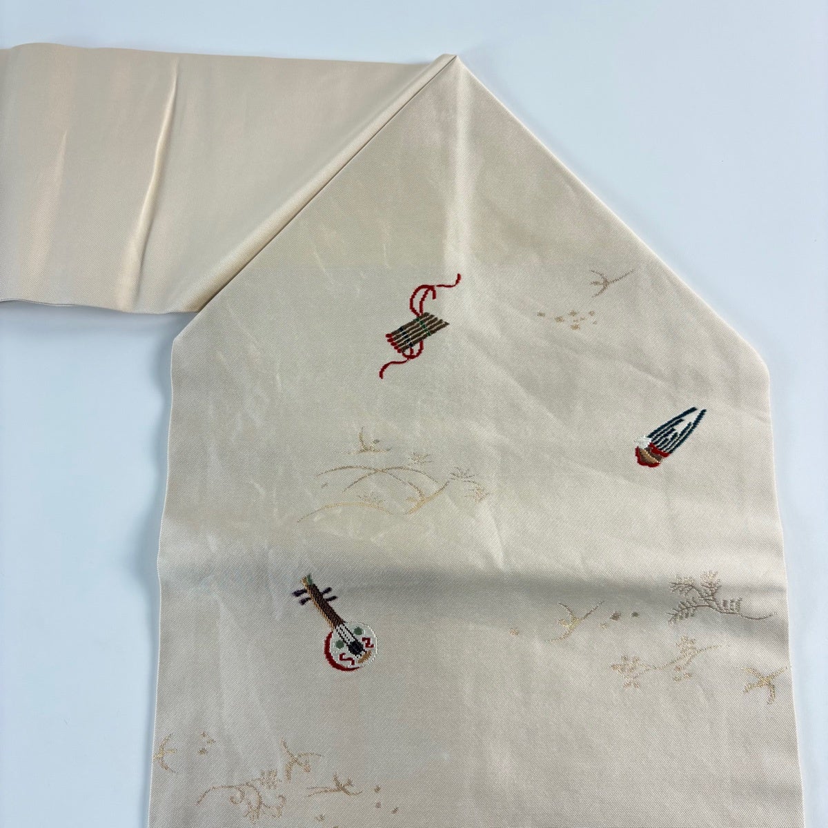 名古屋帯 秀品 和楽器 花唐草 箔 ベージュ 正絹｜中古・古着