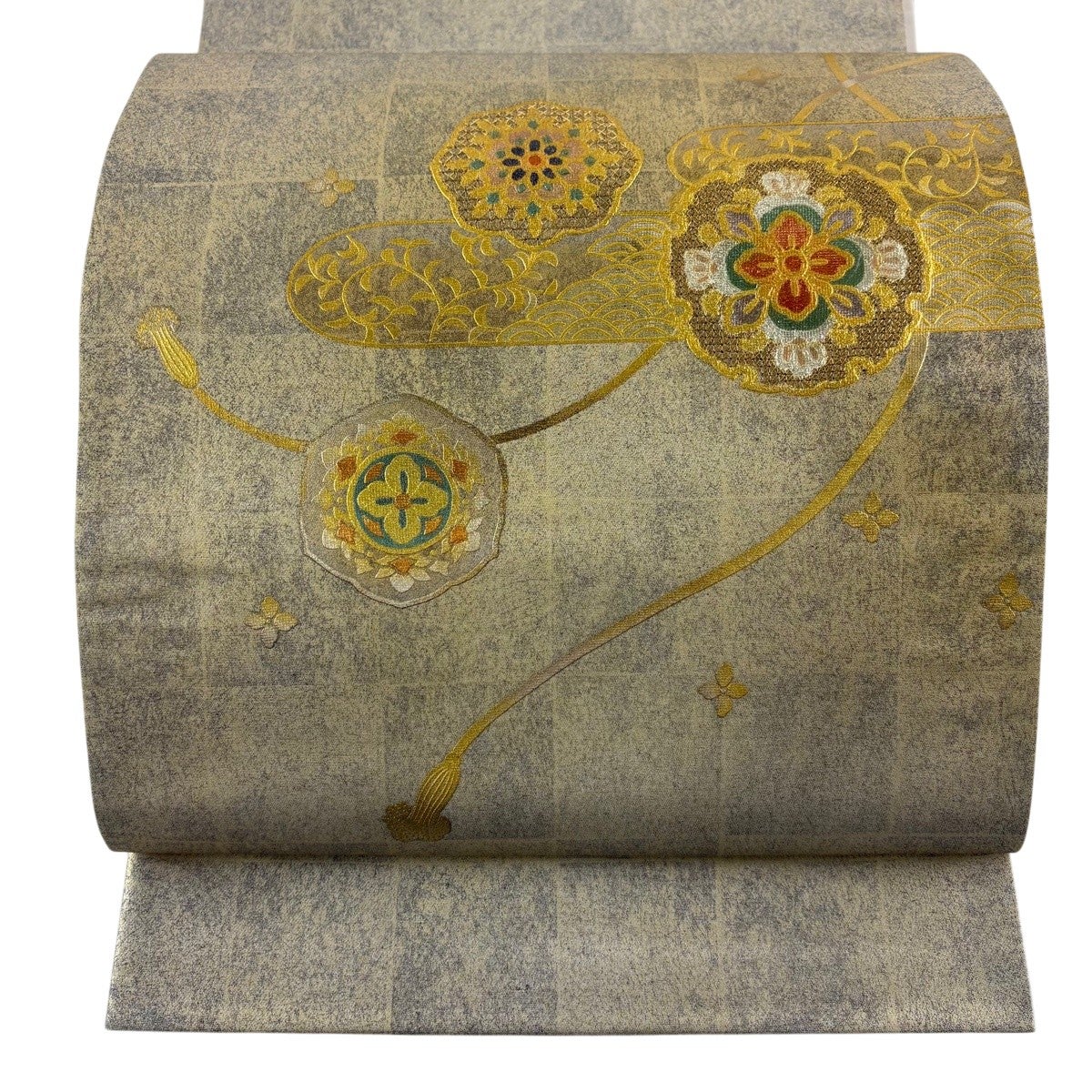 袋帯 秀品 落款あり 草花 ヱ霞 螺鈿 金彩 金色 お太鼓柄 正絹｜中古