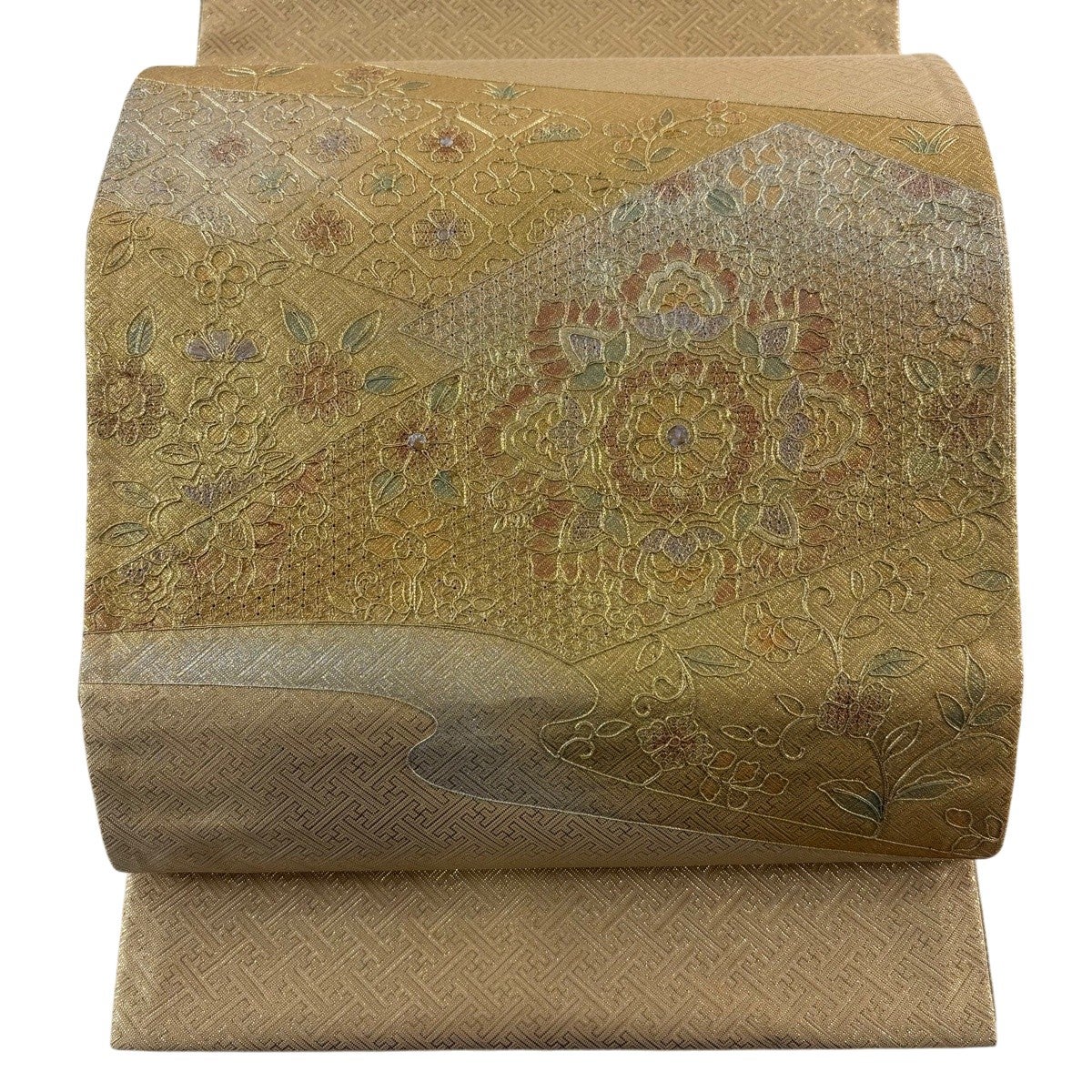 【超美品】袋帯　相良刺繍　金色　お太鼓柄 袋帯 名品 華文 花鳥 相良刺繍 箔 金色 お太鼓柄 正絹｜中古・古着
