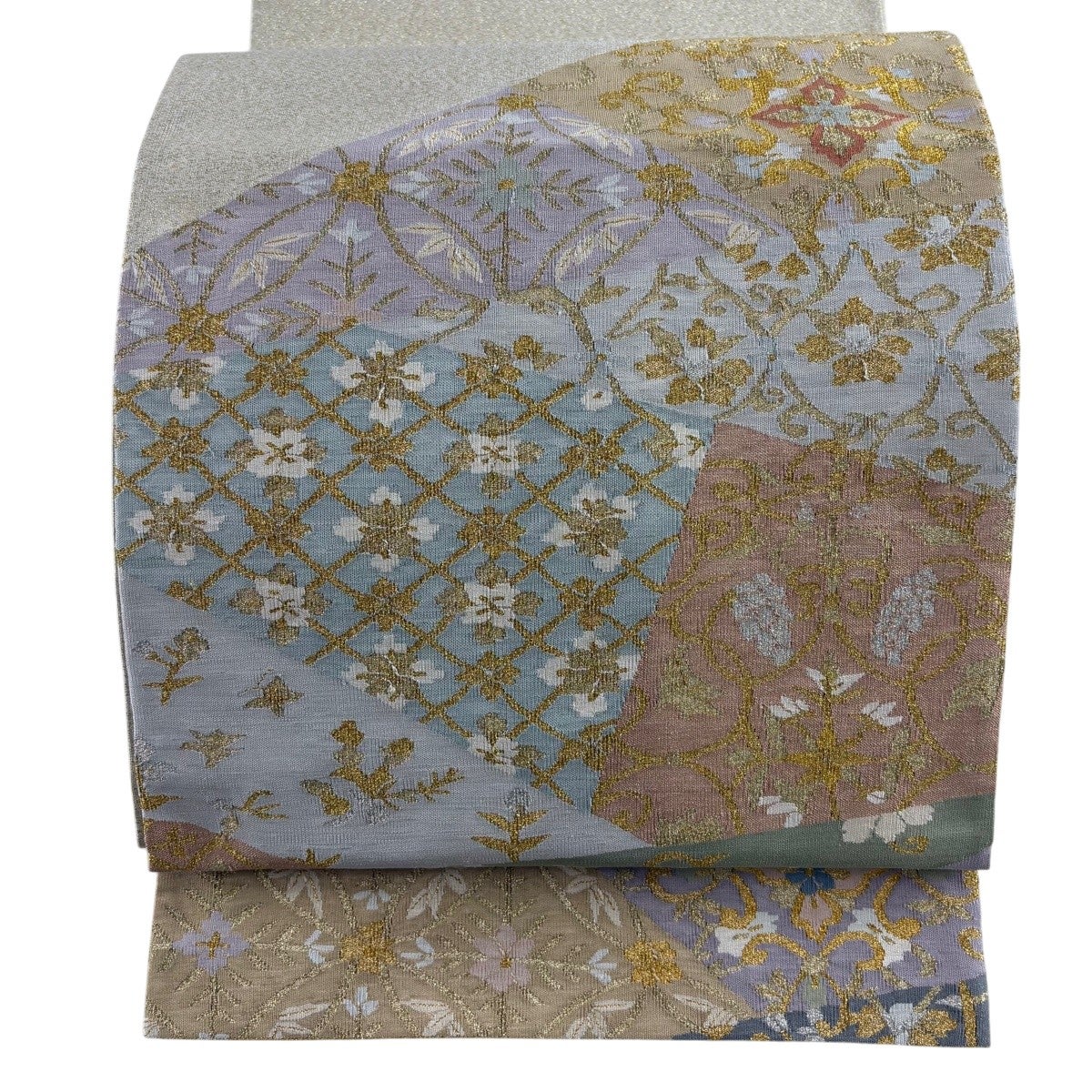 袋帯 美品 秀品 華文 草花 刺繍 箔 青灰色 お太鼓柄 正絹 【中古