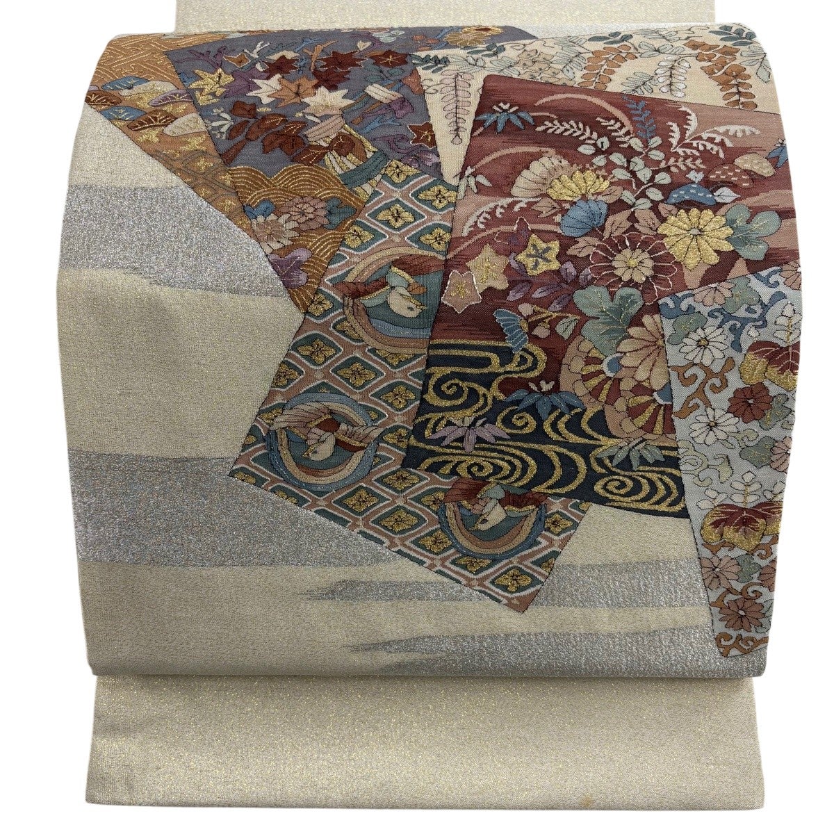 袋帯 名品 向かい鳥 華文 金糸 相良刺繍 ピンクベージュ お太鼓柄 正絹 