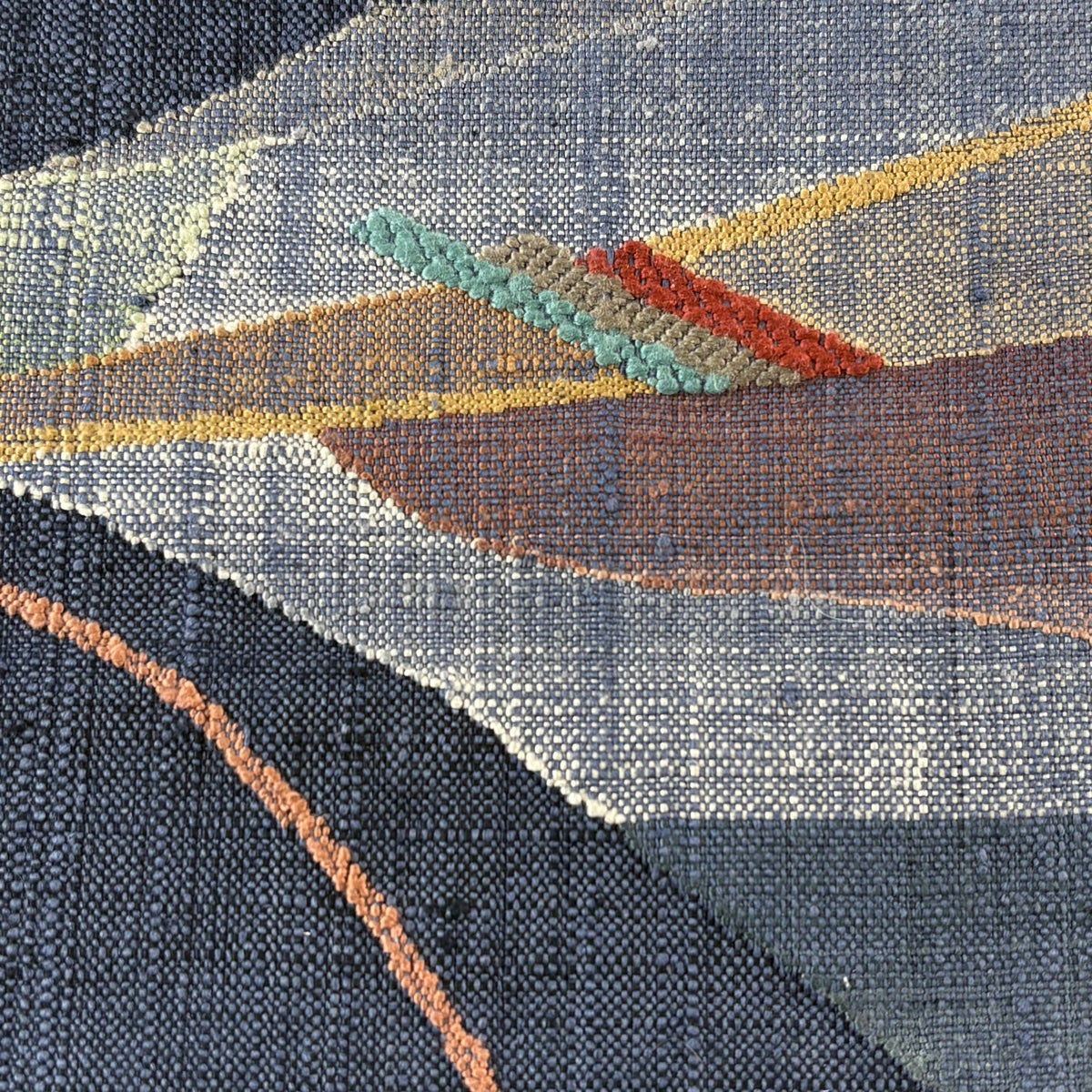美品】名古屋帯 逸品 落款あり 八寸名古屋帯 松葉仕立て 幾何学 紺色