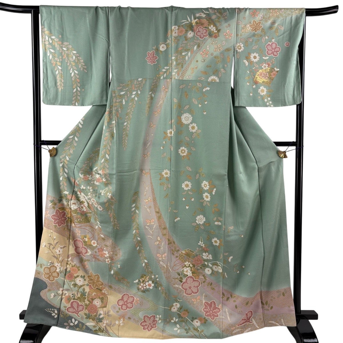 美品】 訪問着 身丈167cm 裄丈66.5cm M 袷 草花 桧扇 金彩 染分け 薄緑