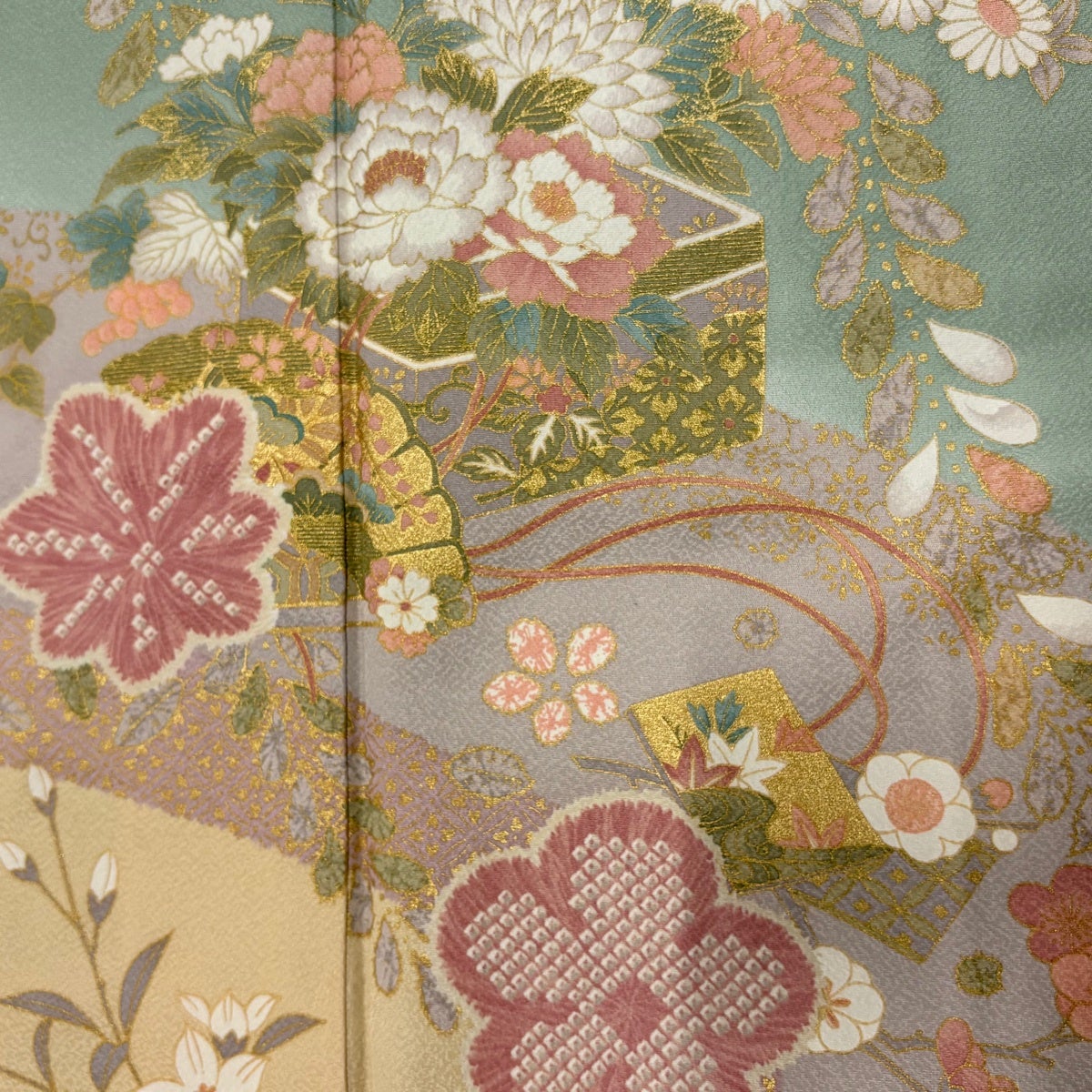 美品】 訪問着 身丈167cm 裄丈66.5cm M 袷 草花 桧扇 金彩 染分け 薄緑